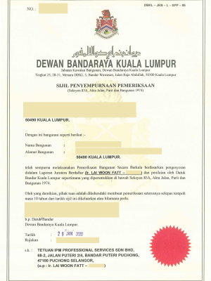 Certificate of Completion of Inspection (Sijil Penyempurnaan Pemeriksaan)
